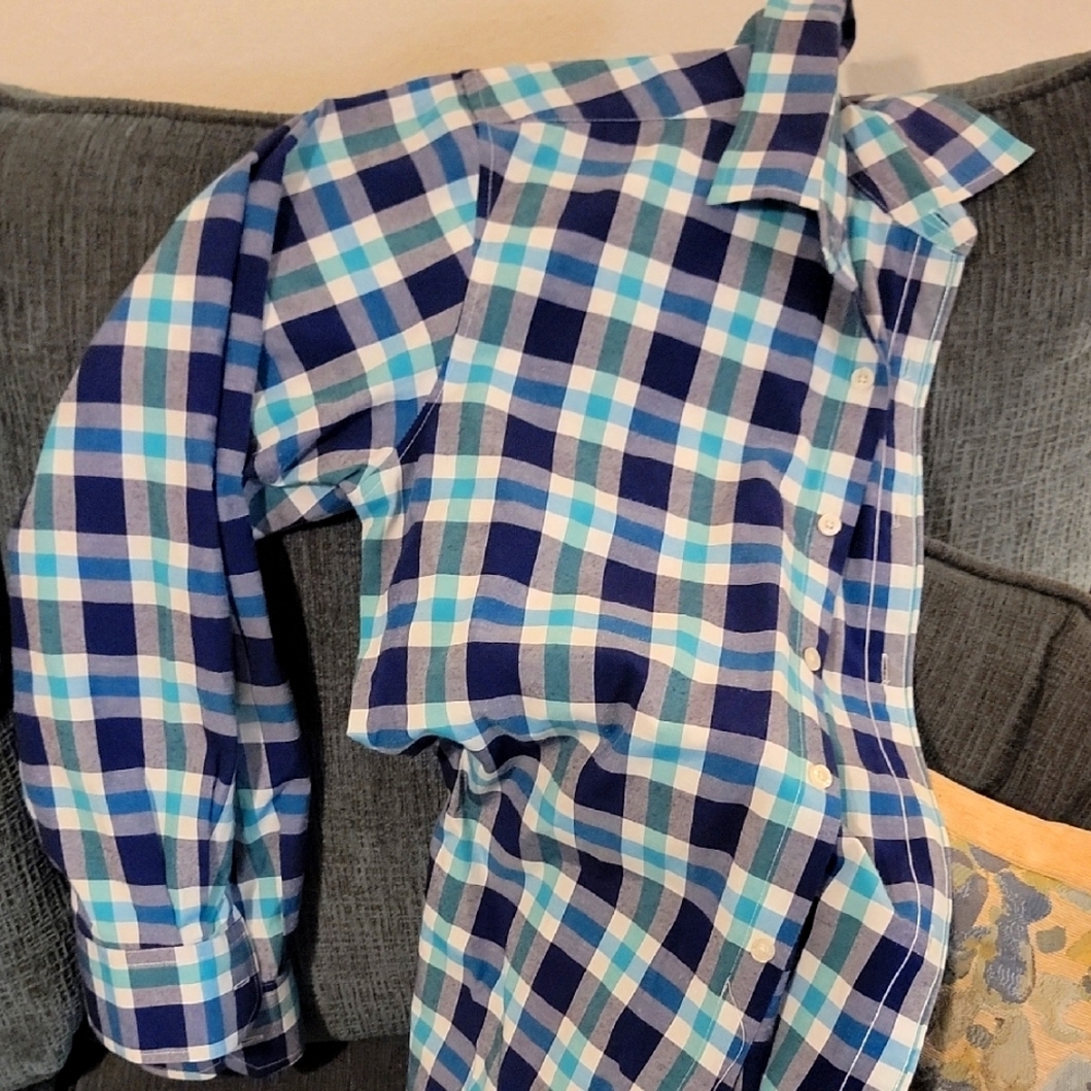 Blue and White Plaid Button-Up Shirt